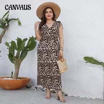 Летнее женское платье без рукавов с v-образным вырезом и эластичной резинкой на талии, леопардовые платья больших размеров, сексуальные повседневные длинные платья с тонкой талией S темно-коричневого