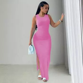 Летнее женское платье без рукавов с разделенным подолом, однотонное, с круглым вырезом, эластичное, с высокой талией L зелёный