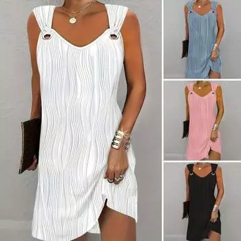 Летнее женское платье без рукавов с v-образным вырезом, однотонное, длиной выше колена, с рисунком волны воды, свободное повседневное повседневное короткое платье для поездок на работу M светло-синий