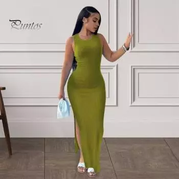 Летнее женское платье без рукавов с разрезным подолом, однотонное, с круглым вырезом, эластичное платье с высокой талией, длиной до щиколотки, облегающее однотонное вечернее клубное платье макси 2XL небесно-голубой