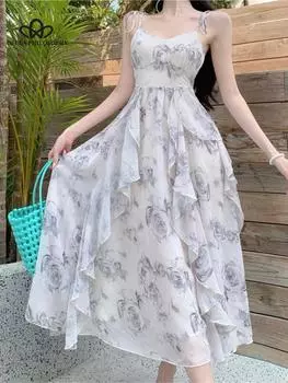 Летнее женское платье без рукавов с принтом, винтажное элегантное праздничное женское платье на бретельках, элегантное женское платье с оборками, Vestido S
