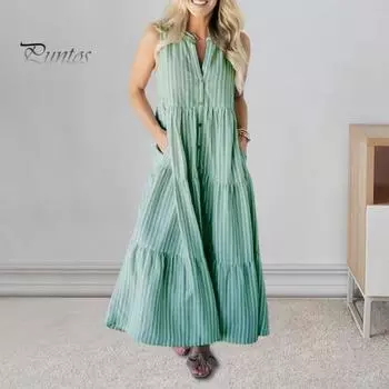 Летнее женское платье без рукавов с V-образным вырезом и полосатым принтом, однобортные боковые карманы, большие пуговицы, рубашка, плиссированное лоскутное платье макси