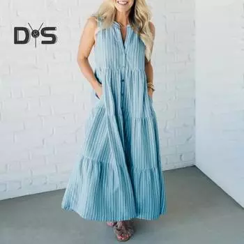 Летнее женское платье без рукавов с V-образным вырезом и полосатым принтом, однобортные боковые карманы, большие пуговицы, рубашка, плиссированное лоскутное платье макси