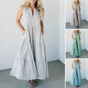 Летнее женское платье без рукавов с V-образным вырезом и полосатым принтом, однобортные боковые карманы, большие пуговицы, рубашка, плиссированное лоскутное платье макси