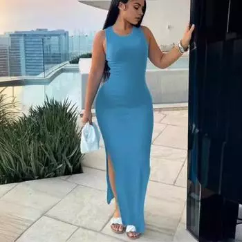 Летнее женское платье без рукавов с разрезным подолом, однотонное, с круглым вырезом, эластичное платье с высокой талией, длиной до щиколотки, облегающее однотонное вечернее клубное платье макси 2XL небесно-голубой