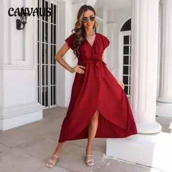 Летнее женское платье без рукавов с оборками и V-образным вырезом, длинное платье-халат с разрезом S чёрный