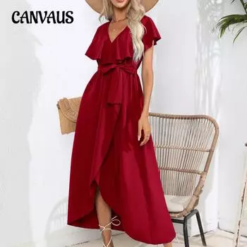 Летнее женское платье без рукавов с оборками и V-образным вырезом, длинное платье с запахом S чёрный