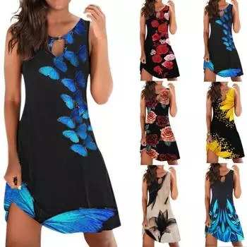 Летнее женское платье без рукавов с круглым вырезом и металлическим декором S