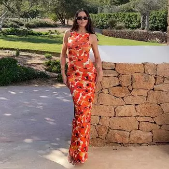 Летнее женское платье без рукавов с разрезом и принтом, сексуальное для дам, трапециевидной формы, повседневное шикарное длинное платье с цветочным принтом L