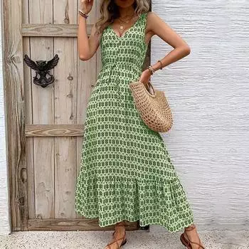 Летнее женское платье без рукавов с ромбовидным принтом Повседневные платья S зелёный