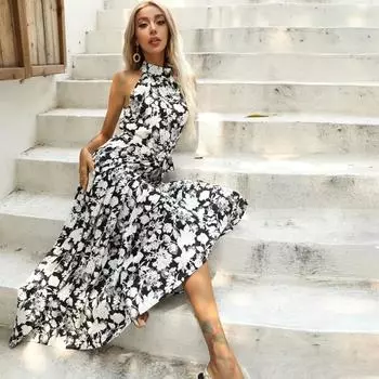 Летнее женское платье без рукавов с разрезом и принтом, сексуальное для дам, трапециевидной формы, повседневное шикарное длинное платье с цветочным принтом XL чёрный