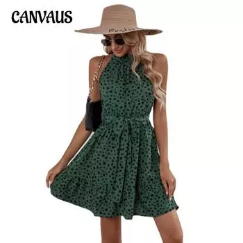 Летнее женское платье без рукавов в горошек с завязками, темпераментное элегантное платье с рюшами S чёрный