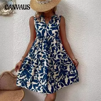 Летнее женское платье Богемная мода Свободные плиссированные платья с v-образным вырезом и принтом S чёрный