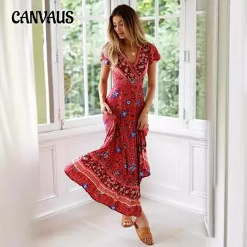 Летнее женское платье Богемное классическое свободное длинное платье Морские праздничные платья с завязками S красный