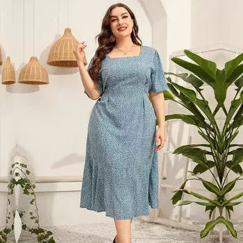 Летнее женское платье больших размеров с квадратным вырезом и коротким рукавом с цветочным принтом, тонкое платье с высокой талией, XL-5XL XL синий