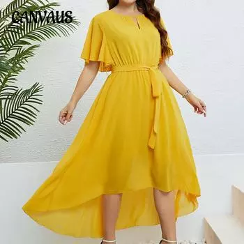 Летнее женское платье больших размеров, желтая юбка нестандартной формы, платье с v-образным вырезом и завязкой на талии XXL жёлтый