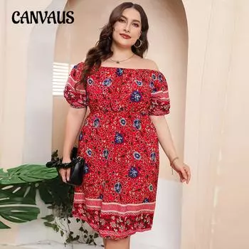Летнее женское платье больших размеров, богемные красные платья с принтом, свободные короткие платья с одним вырезом 1XL красный