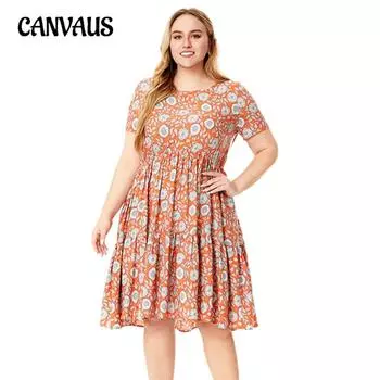Летнее женское платье больших размеров с круглым вырезом и коротким рукавом с принтом