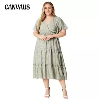Летнее женское платье больших размеров с v-образным вырезом и короткими рукавами, повседневные платья с цветочным принтом 1XL зелёный