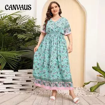 Летнее женское платье больших размеров, свободные платья с v-образным вырезом, длинные платья с высокой талией, пляжная юбка в стиле морского отдыха 1XL