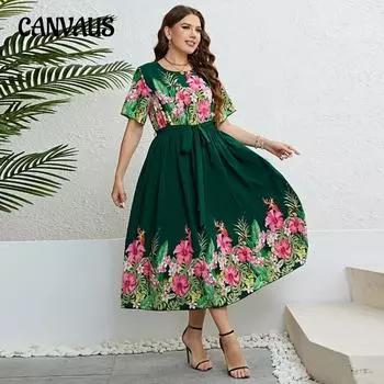 Летнее женское платье больших размеров, зеленые платья с завязкой на талии с принтом XL зелёный