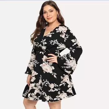 Летнее женское платье больших размеров с V-образным вырезом и коротким рукавом с эластичной резинкой на талии, тонкое шифоновое шикарное платье L-4XL L чёрный