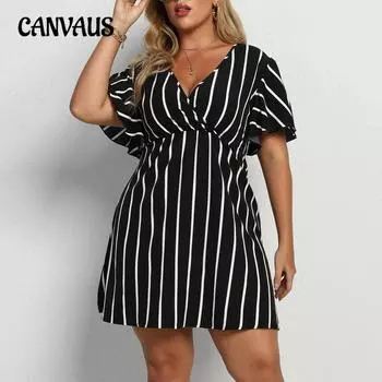 Летнее женское платье больших размеров, полосатые платья с v-образным вырезом и короткими рукавами, свободное повседневное богемное платье L чёрный