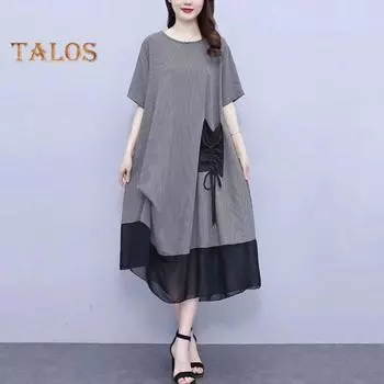 Летнее женское платье больших размеров в сетку в стиле пэчворк с круглым вырезом и коротким рукавом, подходящее по цвету накладным карманом, на шнурке, для пухлых женщин, повседневное платье миди для поездок на работу L зелёный