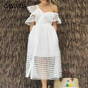 Летнее женское платье больших размеров, сексуальное кружевное платье с наклонными плечами и оборками