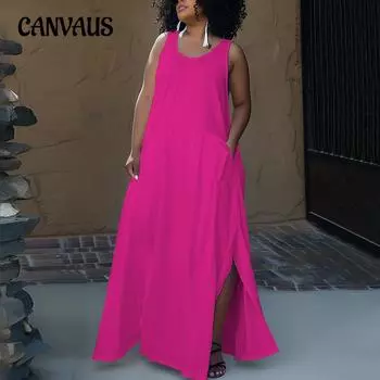 Летнее женское платье больших размеров с карманом и круглым вырезом без рукавов