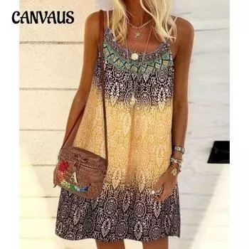 Летнее женское платье больших размеров с принтом, свободные шифоновые платья с лямкой на шее