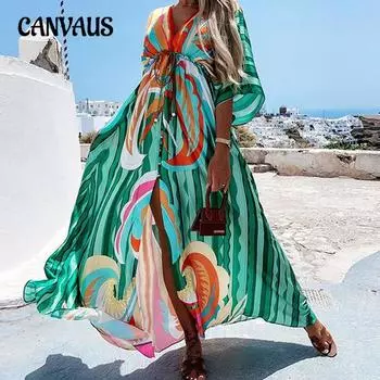 Летнее женское платье больших размеров в праздничном стиле с v-образным вырезом, тонкие длинные платья с принтом и принтом S зелёный/оранжевый