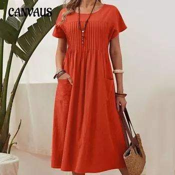 Летнее женское платье больших размеров, длинные однотонные хлопковые льняные платья с круглым вырезом и карманами, плиссированные с короткими рукавами S тёмно-синий