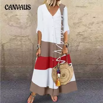 Летнее женское платье больших размеров с v-образным вырезом и коротким рукавом с принтом, длинное платье на пуговицах, повседневные платья