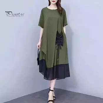 Летнее женское платье больших размеров в сетку в стиле пэчворк с круглым вырезом и коротким рукавом, подходящее по цвету накладным карманом, на шнурке, для пухлых женщин, повседневное платье миди для поездок на работу L зелёный