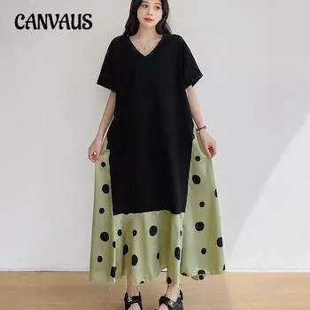 Летнее женское платье больших размеров, длинные платья в горошек с v-образным вырезом и короткими рукавами L чёрный