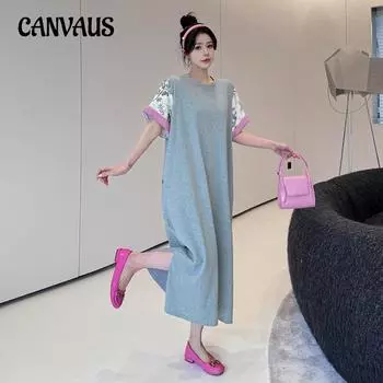 Летнее женское платье больших размеров, длинное с карманами, разделенное цветными блоками, платья с короткими рукавами L серый