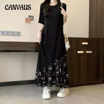 Летнее женское платье больших размеров в стиле пэчворк с цветочным принтом, повседневное телесное простое платье средней длины L чёрный