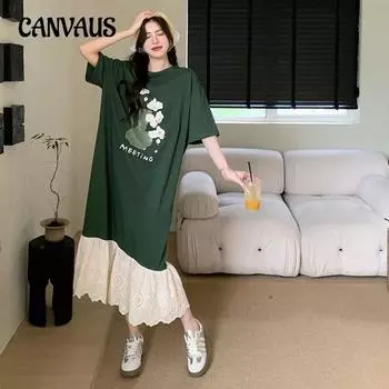 Летнее женское платье больших размеров с вышивкой и кружевным подолом, платья с короткими рукавами L мох зеленого