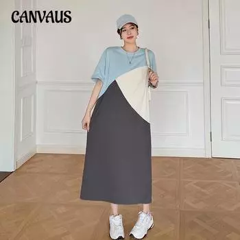 Летнее женское платье больших размеров, длинные лоскутные платья с короткими рукавами и цветными блоками