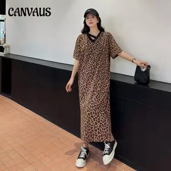 Летнее женское платье больших размеров, длинные платья с леопардовым принтом, цветные платья с v-образным вырезом и короткими рукавами L цветной печати леопарда