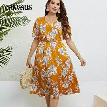 Летнее женское платье больших размеров с v-образным вырезом и принтом на талии, шоу-платья 1XL
