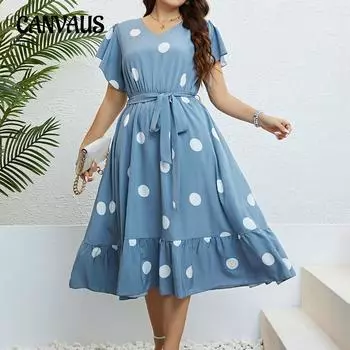 Летнее женское платье больших размеров, платья в горошек с v-образным вырезом и завязкой на талии 1XL синий