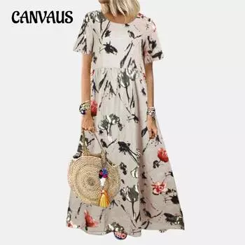 Летнее женское платье больших размеров в этническом стиле, ретро, свежее платье с цветочным принтом, свободное платье с круглым вырезом и короткими рукавами S бежевый