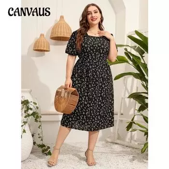 Летнее женское платье больших размеров с принтом и коротким рукавом с квадратным вырезом, тонкие платья XL чёрный