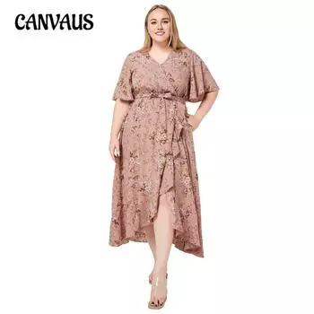 Летнее женское платье больших размеров с v-образным вырезом и коротким рукавом с рюшами и карманами с принтом платья 1XL розовый
