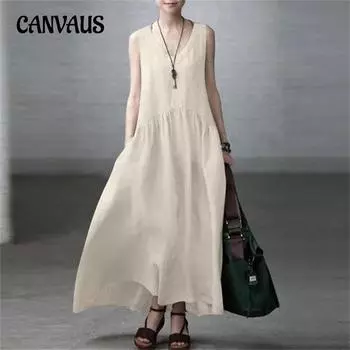 Летнее женское платье больших размеров, длинные свободные плиссированные модные однотонные жилеты без рукавов, хлопковые льняные платья