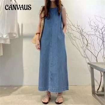 Летнее женское платье больших размеров, модное платье с круглым вырезом и карманами без рукавов, свободный длинный жилет, джинсовые платья S чёрный