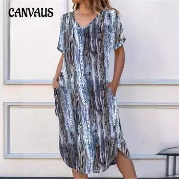 Летнее женское платье больших размеров с коротким рукавом и v-образным вырезом, свободные платья с разрезом и принтом S серый