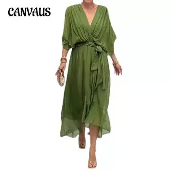 Летнее женское платье больших размеров, однотонное платье с длинным рукавом «летучая мышь», нерегулярные платья